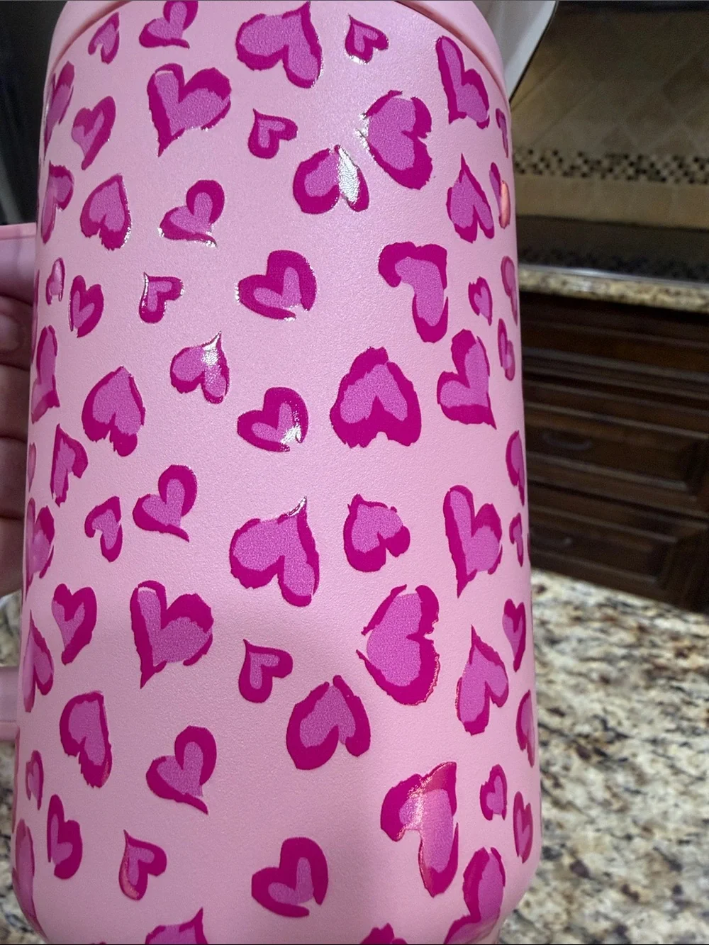 MEOKY Pink Heart Pattern 40 oz Travel Mug with Handle and straw